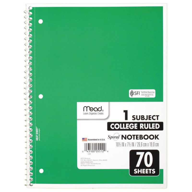 Mead Spiral Notebooks, 1 Subject, College Ruled, 70 Sheets, Assorted Colors, 6 Pack (73065) - Epivend