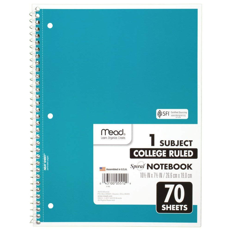 Mead Spiral Notebooks, 1 Subject, College Ruled, 70 Sheets, Assorted Colors, 6 Pack (73065) - Epivend