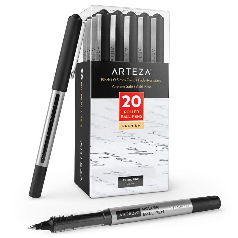 Arteza Rollerball Pens, Pack of 20, 0.5mm Black Liquid Ink Pens for Bullet Journaling, Fine Point Rollerball for Writing, Taking Notes & Sketching - Epivend