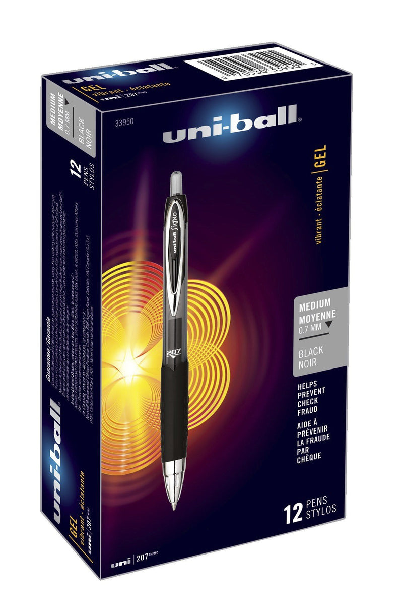 uni-ball 207 Retractable Gel Pens, Medium Point, Black, Box of 12 - 33950 - Epivend