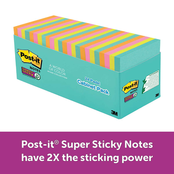Post-it Super Sticky Notes, Miami Colors, Sticks and Resticks, Great for Reminders, Large Pack, 3 in. x 3 in, 24 Pads/Pack, 70 Sheets/Pad (654-24SSMIA-CP) - Epivend