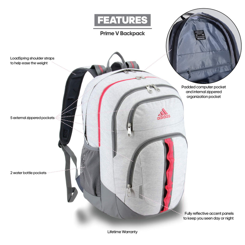 adidas Unisex Prime Backpack, Jersey White/ Real Pink/ Grey, ONE SIZE - Epivend