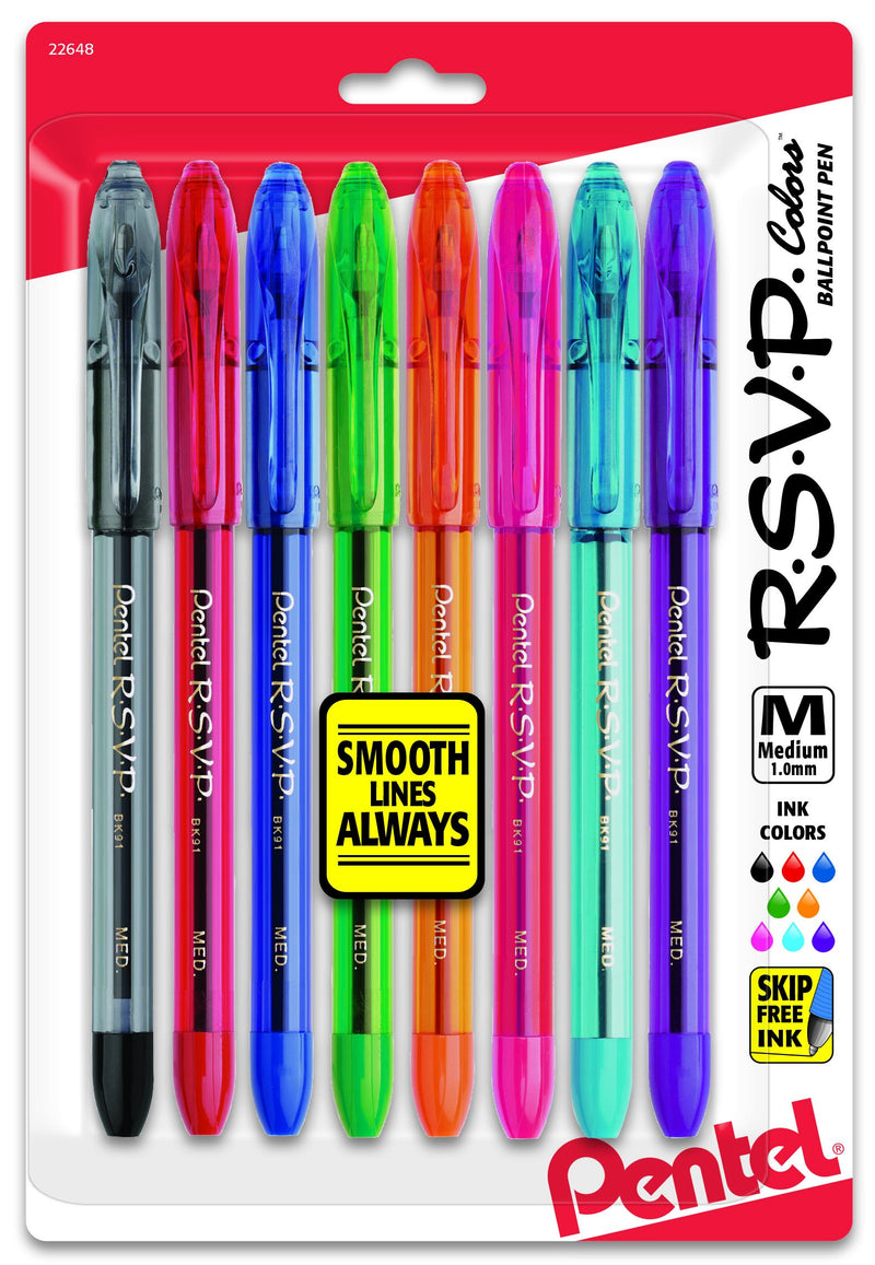 Pentel R.S.V.P. Ballpoint Pen, Medium Point, Assorted Ink Colors, 8 Pack  (BK91CRBP8M) - Epivend