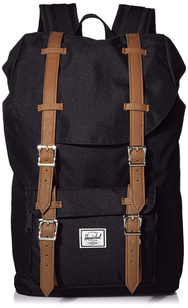 Herschel Little America Backpack with Laptop Sleeve, Black/Tan Synthetic Leather, Classic 25L - Epivend